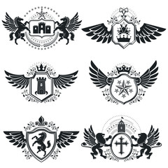 Vintage heraldry design templates, vector emblems. Collection of symbols in vintage style.