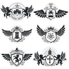 Fototapeta premium Vintage heraldry design templates, vector emblems. Collection of symbols in vintage style.