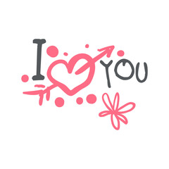 I love you logo template, colorful hand drawn vector Illustration with pink heart and arrow