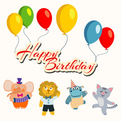 Obraz na płótnie Canvas Happy birthday banner with balloons and cartoon dancing animals