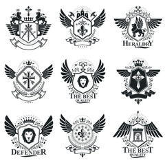 Fototapeta premium Vintage emblems, vector heraldic designs. Coat of Arms collection, vector set.