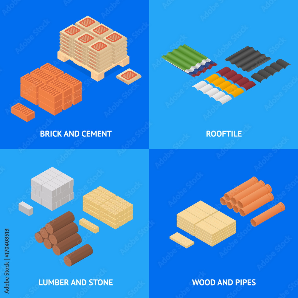 Wall mural Construction Material Poster Card Set Isometric View. Vector