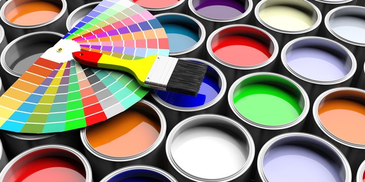Colors catalogue and paint brush on paint cans background. 3d illustration