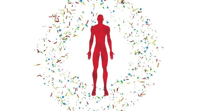 Microbiome bacteria, viruses, microbes surrounding  man, male body. 3d animation. White background, circular expanding  cloud