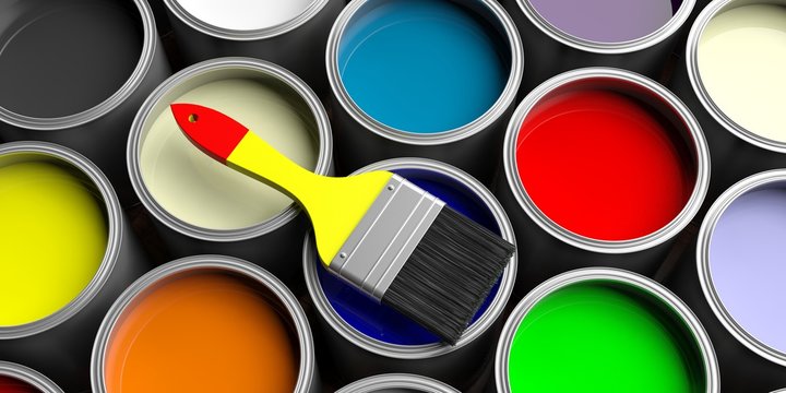 Colorful paint cans background, 3d illustration