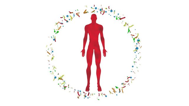 Microbiome bacteria, viruses, microbes surrounding  man, male body. 3d animation. White background, circular rotating cloud