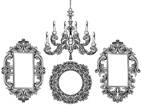 Baroque Chandelier And Mirror Frames. Detailed Rich Ornament Vector Illustration Graphic Line Art