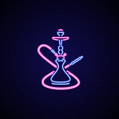 Neon signboard of hookah. Neon sign hookah for lounge cafe emblem, arabian bar, shop.