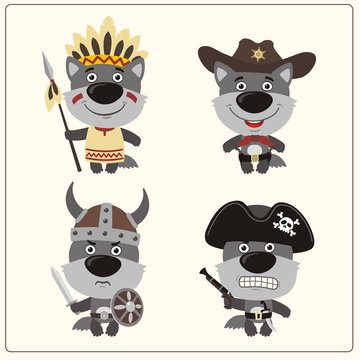 Set isolated wolf in cartoon style for design children holiday and birthday. Funny wolves in costume of viking, american indian, cowboy and pirate.