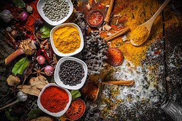 Keuken spatwand met foto Selection of spices herbs and ingredients for cooking, Food background on wooden table, Top view, Thai cuisine. © wiratgasem
