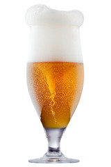 Mug of frosty light beer with foam isolated on a white background