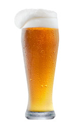 Mug of frosty light beer with foam isolated on a white background