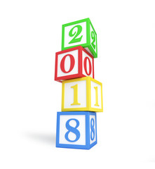 alphabet box 2018 new year's  on a white background 3D illustration, 3D rendering