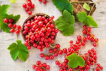 Red currant in a bowl, berries and leaves scattered on a shabby wood. Top view