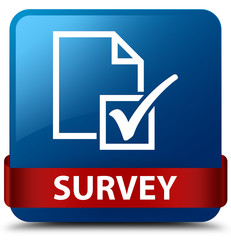 Survey blue square button red ribbon in middle