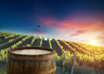 Red wine with barrel on vineyard in green Tuscany, Italy