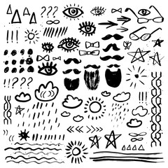 Doodle set. Mustache, beard, eyes, stars, sun, clouds. Grunge elements. Brush strokes and splatter. - 170413196
