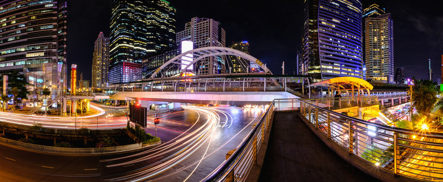 Panorama of Chong Nonsi Bangkok Sky Train Station Public Skywalk Bridge