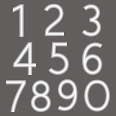 A complete set of numbers made from silver wire with a matte surface. Font is isolated by a gray background. Numbers  are made in 3D shapes with smooth edges. Vector illustration.