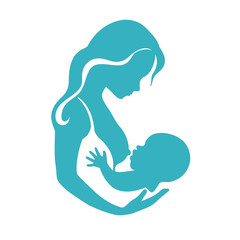 Mother and baby silhouette during breastfeeding process vector