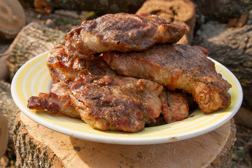 Juicy pork steaks cooked on an open flame grill on big white plate..