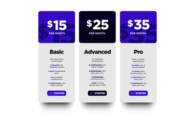 UI Boxes For Monthly Membership Plans Page Design 
