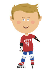 Young boy on roller skates wearing safety guard