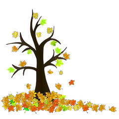 A tree trunk with falling maple autumn leaves. Hand-drawn vector colored illustration on a white background.