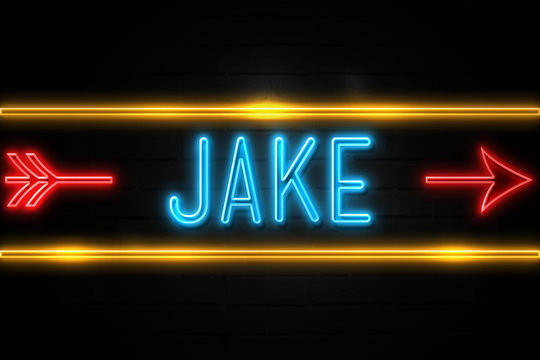 Jake  - fluorescent Neon Sign on brickwall Front view
