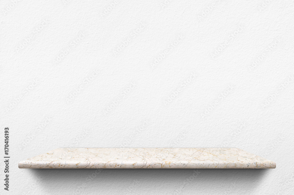 Poster empty white marble stone shelf at white concrete wall background,mock up for display or montage of p