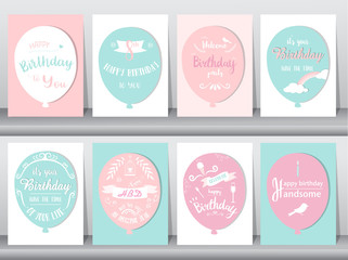 Set of birthday cards,vintage color,poster,template,greeting cards,balloons,animals,dogs,Vector illustrations