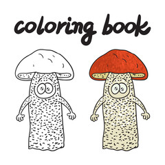 Coloring book with orange-cap boletus, a edible mushroom.