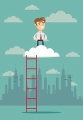 Businessman standing in a cloud on top of corporate ladder and looking from above. Conceptual vector illustration for metaphor.