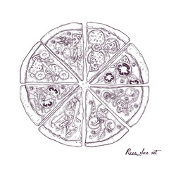 Pizza divided into eight slices with different toppings isolated on white background. Vector illustration hand drawn in vintage style for Italian restaurant or pizzeria menu advertisement.