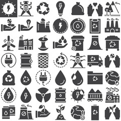 Ecology vector icons set, modern solid symbol collection, filled pictogram pack. Signs, logo illustration. Set includes icons as factory, lightbulb, solar, trash, nuclear, electric plug