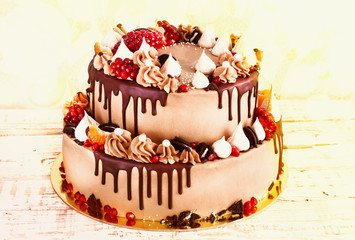 Festive two-tier cake with fruit streaks of chocolate