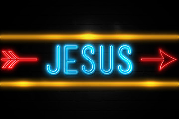 Jesus  - fluorescent Neon Sign on brickwall Front view