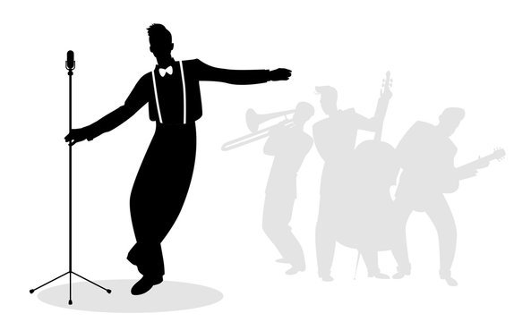 Retro singer 'crooner' silhouette with musicians in the background