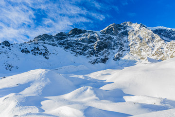 Snow in winter season, mountains. South Tirol, Solda in Italy.