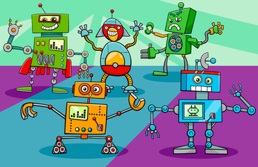 dancing robot characters group cartoon