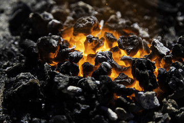 Red hot carbon in a coals for cooking