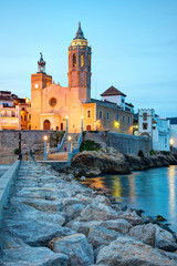 Church of Sant Bertomeu and Santa Tecla in Sitges by night.Costa Brava, Spain. © m. letschert
