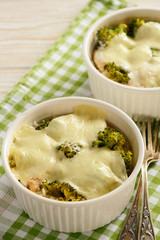 Casserole with broccoli, rice, chicken and mozzarella cheese.