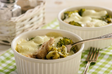 Casserole with broccoli, rice, chicken and mozzarella cheese.