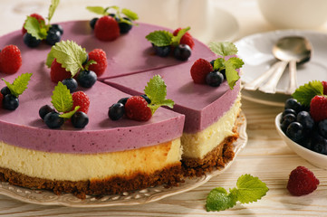 Homemade cheesecake with berry mousse.