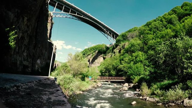 Bridge over the gorge in the city of Jermuk, Armenia. Bottom view