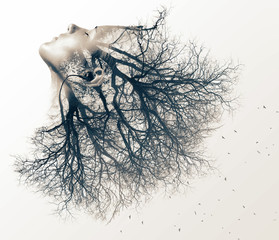 Double exposure portrait of young woman and tree. - Powered by Adobe