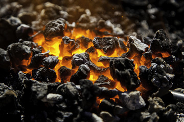 Red hot carbon in a coals for cooking
