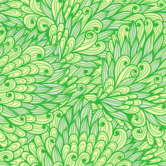 Seamless floral monochrome green and beige doodle pattern