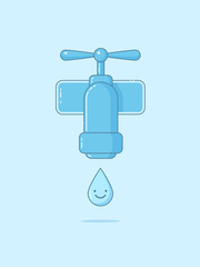Water tap and water drop with smiley face vector illustration